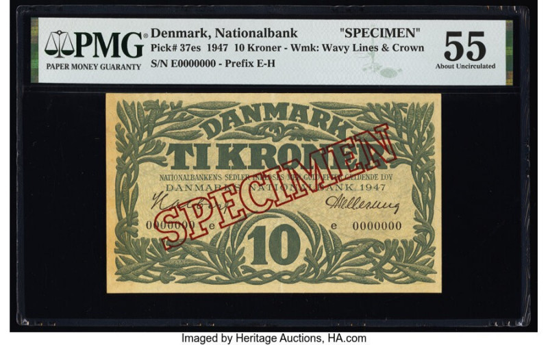 Denmark National Bank 10 Kroner 1947 Pick 37es Specimen PMG About Uncirculated 5...
