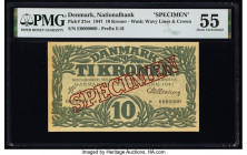 Denmark National Bank 10 Kroner 1947 Pick 37es Specimen PMG About Uncirculated 55. Hollow red Specimen overprints and previous mounting are present on...