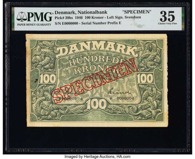 Denmark National Bank 100 Kroner 1946 Pick 39bs PMG Choice Very Fine 35. Hollow ...