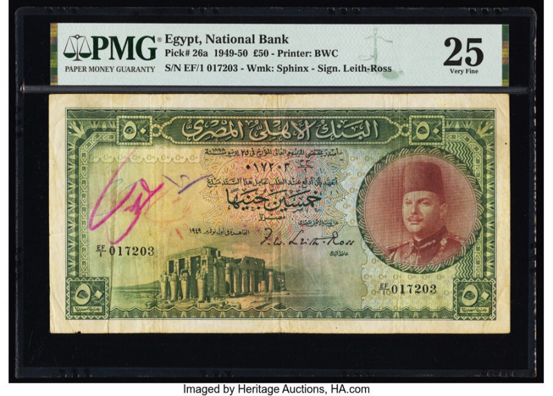 Egypt National Bank of Egypt 50 Pounds 1949 Pick 26a PMG Very Fine 25. Annotatio...