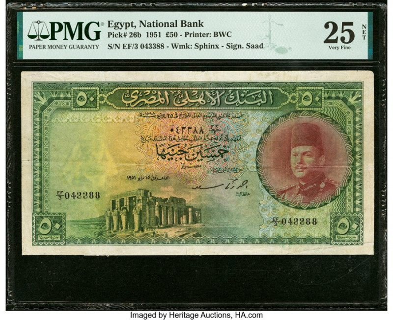 Egypt National Bank of Egypt 50 Pounds 1951 Pick 26b PMG Very Fine 25 Net. A for...