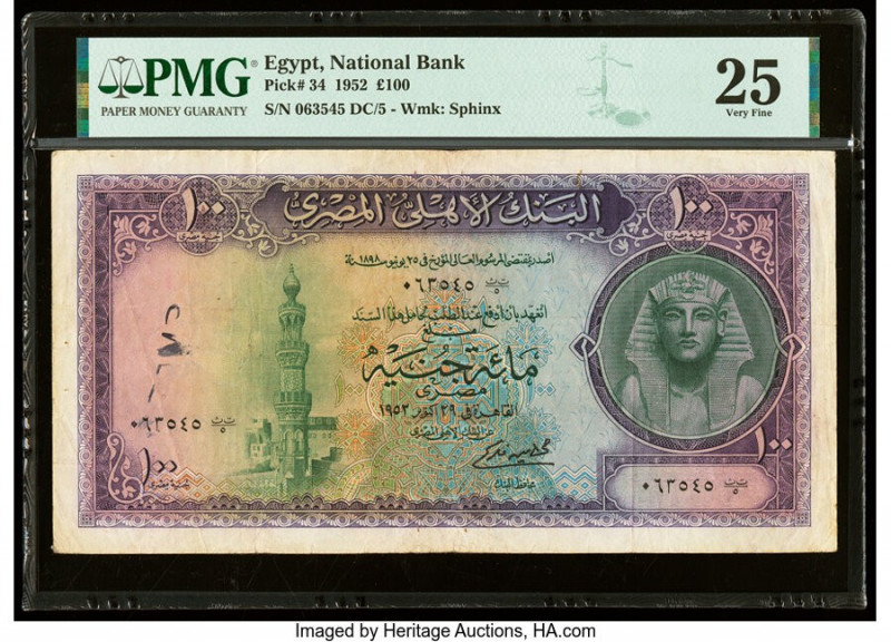 Egypt National Bank of Egypt 100 Pounds 1952 Pick 34 PMG Very Fine 25. An annota...