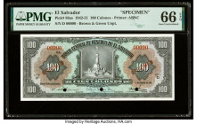El Salvador Banco Central de Reserva de El Salvador 100 Colones 1.2.1949 Pick 86as Specimen PMG Gem Uncirculated 66 EPQ. Red Specimen overprints and t...