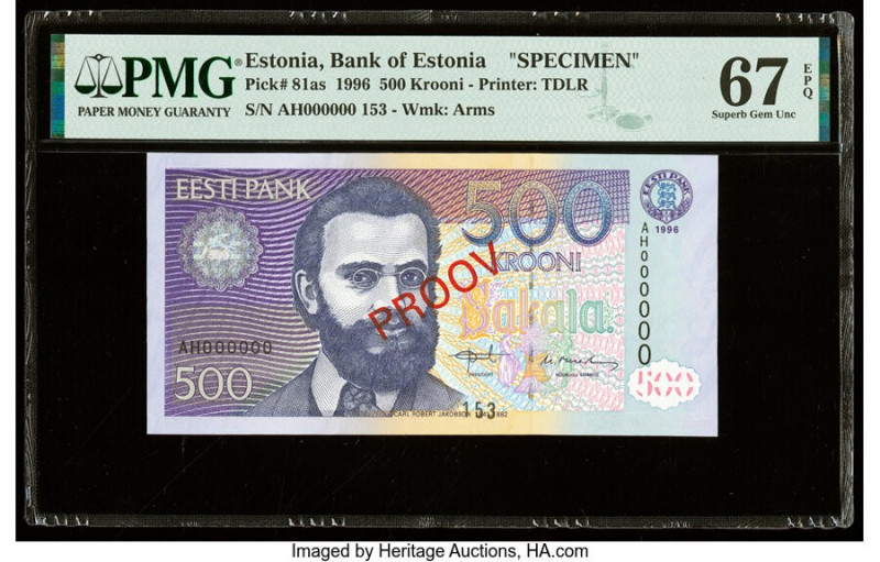 Estonia Bank of Estonia 500 Krooni 1996 Pick 81as Specimen PMG Superb Gem Unc 67...