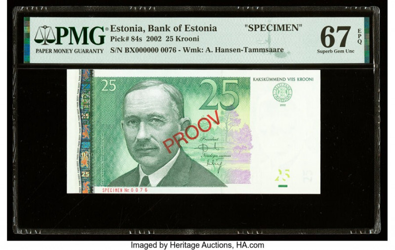 Estonia Bank of Estonia 25 Krooni 2002 Pick 84s Specimen PMG Superb Gem Unc 67 E...