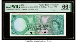 Fiji Government of Fiji 5 Shillings ND (1957-65) Pick 51cts Color Trial Specimen PMG Gem Uncirculated 66 EPQ. Red Specimen overprints and two POCs are...