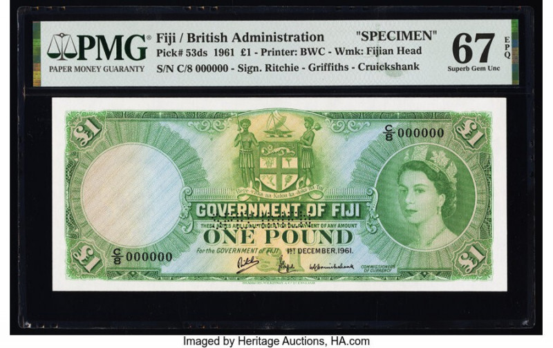 Fiji Government of Fiji 1 Pound 1.12.1961 Pick 53ds Specimen PMG Superb Gem Unc ...