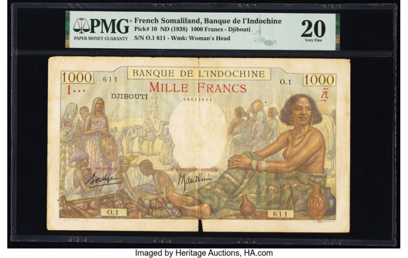 French Somaliland Banque de l'Indochine, Djibouti 1000 Francs ND (1938) Pick 10 ...