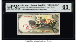 Germany Federal Republic Bank Deutscher Lander 5 Deutsche Mark 9.12.1948 Pick 13s Specimen PMG Choice Uncirculated 63. Red Specimen overprints and pre...