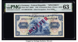 Germany Federal Republic Bank Deutscher Lander 10 Deutsche Mark 22.8.1949 Pick 16s2 Specimen PMG Choice Uncirculated 63. Roulette Specimen punch, red ...