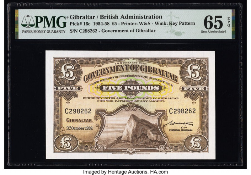 Gibraltar Government of Gibraltar 5 Pounds 3.10.1958 Pick 16c PMG Gem Uncirculat...