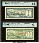 Netherlands Antilles Bank van de Nederlandse Antillen 5; 10 Gulden 28.8.1967 Pick 8as; 9as Two Specimen PMG Choice Uncirculated 64 (2). Red Specimen o...