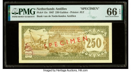 Netherlands Antilles Bank van de Nederlandse Antillen 250 Gulden 1967 Pick 13s Specimen PMG Gem Uncirculated 66 EPQ. Red Specimen overprints are prese...
