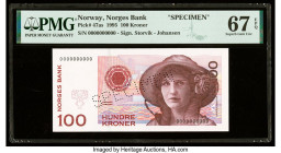 Norway Norges Bank 100 Kroner 1995 Pick 47as Specimen PMG Superb Gem Unc 67 EPQ. A roulette Specimen punch is present on this example.

HID09801242017...