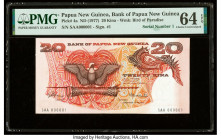 First Serial Number SAA000001 Papua New Guinea Bank of Papua New Guinea 20 Kina ND (1977) Pick 4a PMG Choice Uncirculated 64 EPQ. Part of a number 1 p...