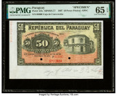 Paraguay Republica del Paraguay 50 Pesos 26.12.1907 Pick 121s Specimen PMG Gem Uncirculated 65 EPQ. Selvage included, red Specimen overprints and two ...