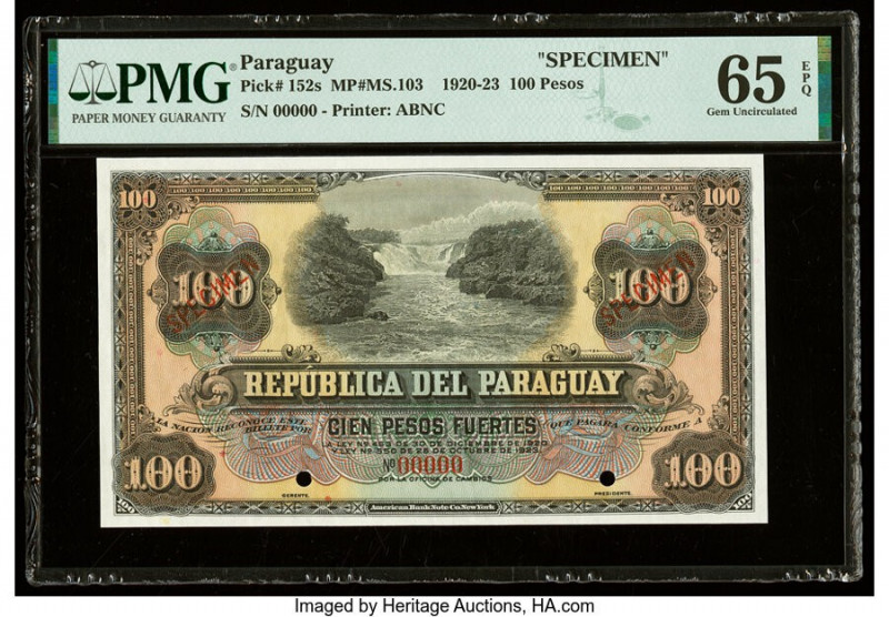 Paraguay Republica del Paraguay 100 Pesos 25.10.1923 Pick 152s Specimen PMG Gem ...