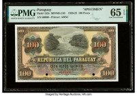 Paraguay Republica del Paraguay 100 Pesos 25.10.1923 Pick 152s Specimen PMG Gem Uncirculated 65 EPQ. Red Specimen overprints and two POCs are present ...