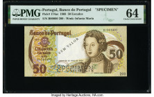 Portugal Banco de Portugal 50 Escudos 28.5.1968 Pick 174as Specimen PMG Choice Uncirculated 64. A black Sem Valor overprint and a roulette Specimen pu...