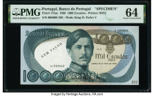 Portugal Banco de Portugal 1000 Escudos 28.5.1968 Pick 175as Specimen PMG Choice Uncirculated 64. A roulette Specimen punch and Sem Valor overprint ar...
