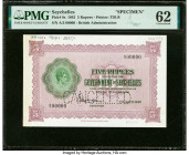 Seychelles Government of Seychelles 5 Rupees 7.4.1942 Pick 8s Specimen PMG Uncirculated 62. A roulette Cancelled punch and previous mounting present o...