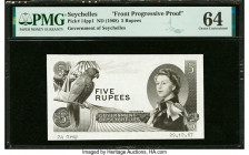 Seychelles Government of Seychelles 5 Rupees 29.12.1967 Pick 14pp1 Front Progressive Proof PMG Choice Uncirculated 64. Previous mounting is noted on t...