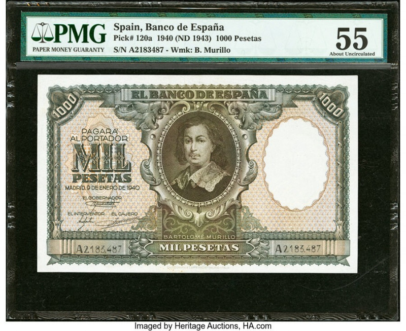 Spain Banco de Espana 1000 Pesetas 9.1.1940 (ND 1943) Pick 120a PMG About Uncirc...