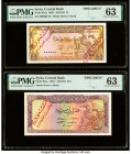 Syria Central Bank of Syria 1; 10 Pounds 1963; 1965 Pick 93as; 95as Two Specimen PMG Choice Uncirculated 63 (2). Red overprints present on both exampl...