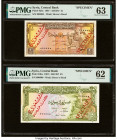 Syria Central Bank of Syria 1; 5 Pound 1967 / AH1383-1402 Pick 93bs; 94bs Two Specimen PMG Choice Uncirculated 63; Uncirculated 62. Red overprints and...