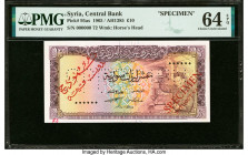 Syria Central Bank of Syria 10 Pounds 1965 Pick 95as Specimen PMG Choice Uncirculated 64 EPQ. A roulette Specimen punch and red overprints are present...