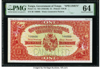 Tonga Government of Tonga 1 Pound ND (1940-66) Pick 11s Specimen PMG Choice Uncirculated 64. Printer's annotations, previous mounting and a roulette c...