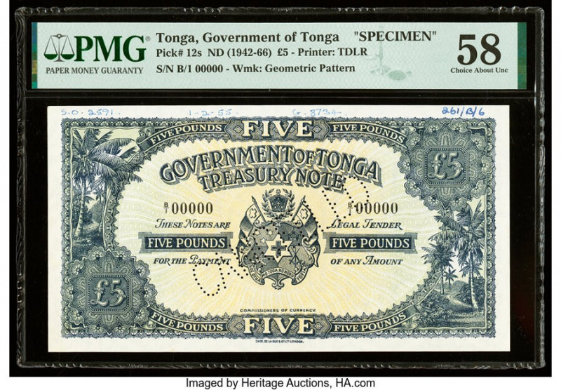 Tonga Government of Tonga 5 Pounds ND (1942-66) Pick 12s Specimen PMG Choice Abo...