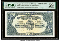 Tonga Government of Tonga 5 Pounds ND (1942-66) Pick 12s Specimen PMG Choice About Unc 58. Roulette cancelled punch, printer's annotation and previous...