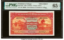 Trinidad & Tobago Government of Trinidad and Tobago 2 Dollars 2.1.1939 Pick 6bs Specimen PMG Gem Uncirculated 65 EPQ. A roulette Specimen punch is pre...