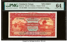 Trinidad & Tobago Government of Trinidad and Tobago 2 Dollars 1.5.1942 Pick 8s Specimen PMG Choice Uncirculated 64. Previous mounting and a roulette C...