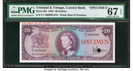 Trinidad & Tobago Central Bank of Trinidad and Tobago 20 Dollars 1964 Pick 29s Specimen PMG Superb Gem Unc 67 EPQ. Red Specimen overprints and one POC...