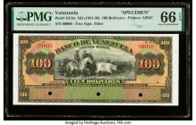 Venezuela Banco de Venezuela 100 Bolivares ND (1931-39) Pick S313s Specimen PMG Gem Uncirculated 66 EPQ. Red Specimen overprints and three POCs are pr...