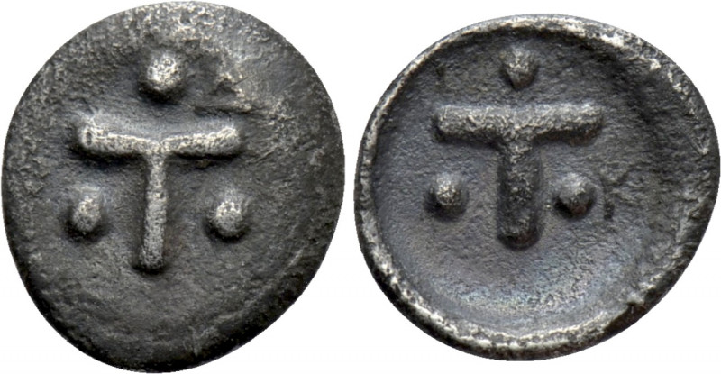 CALABRIA. Tarentum. Trias (Circa 450-380 BC). 

Obv: Large T; three pellets ar...