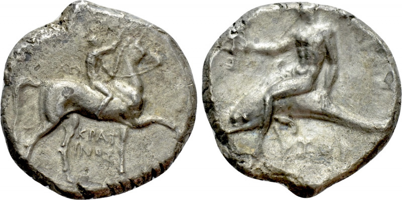 CALABRIA. Tarentum. Nomos (Circa 302-280 BC). 

Obv: Youth on horseback right,...