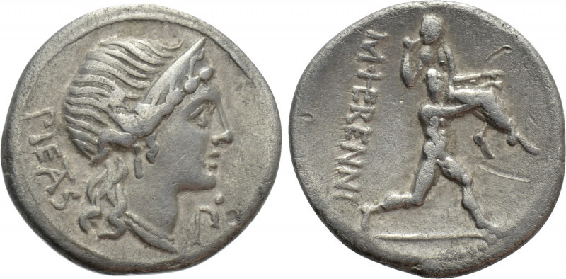 M. HERENNIUS. Denarius (108-107 BC). Rome. 

Obv: PIETAS. 
Diademed head of P...