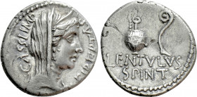 C. CASSIUS LONGINUS. Fouree´ Denarius (42 BC). Military mint moving with Brutus and Cassius, probably at Smyrna. P. Lentulus Spinther, legatus