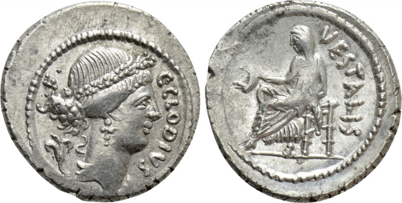 C. CLODIUS C.F. VESTALIS (43 BC). Fourée Denarius. Rome. 

Obv: C CLODIVS / C ...