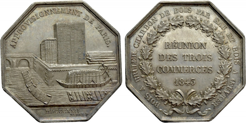 FRANCE. Octagonal Medal (1845). Wood industry, meeting of the three businesses. ...