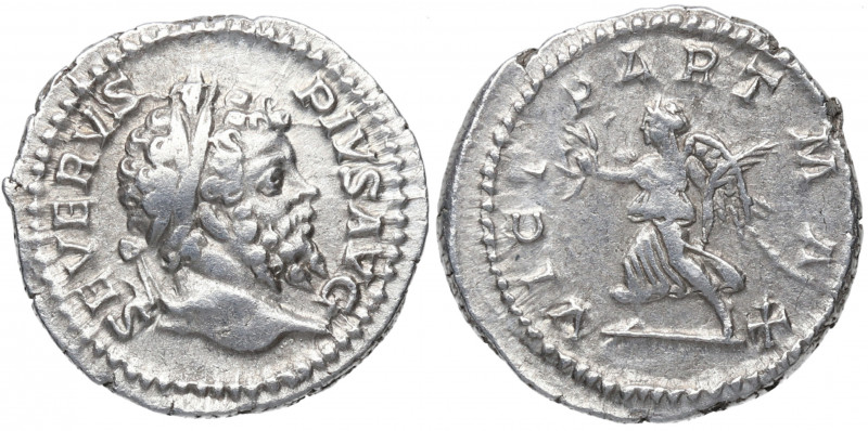 204 d.C. Septimio Severo. Roma. Denario. DS 4127 d.2. Ag. 3,26 g. VICT PART MAX....
