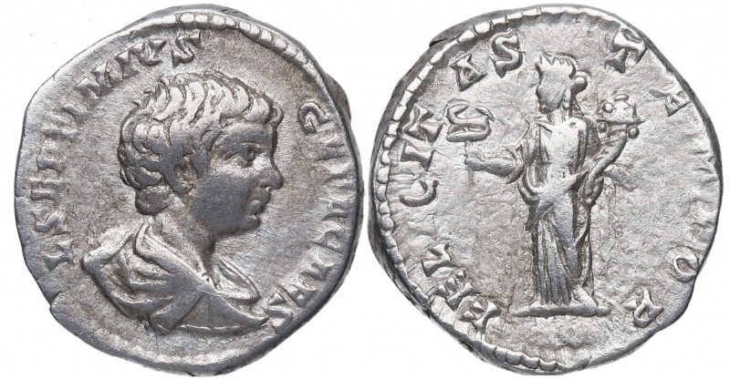 198 d C. Geta. Roma. Denario. DS 4506 b. Ag. 3,30 g. FELICITAS TEMPOR. Felicidad...