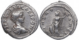 201 d C. Geta. Laodicea ad Mare. Denario. DS 4524 e.2. Ag. 3,26 g. MINERV SANCT. Minerva a izq. MBC+. Est.60.