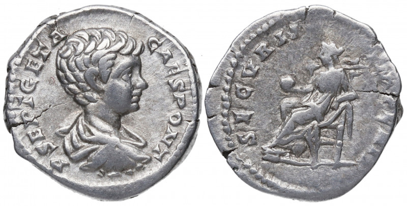 202 d.C. Geta. Roma. Denario. DS 4507 f. Ag. 3,32 g. SECVRIT IMPERII. Seguridad ...