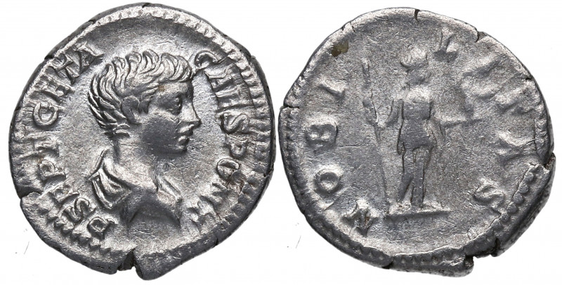 203/4 d.C. Geta. Roma. Denario. DS 4507 g. Ag. 2,93 g.  NOBILITAS. Nobleza a dch...