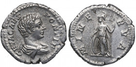 205 d.C. Geta. Roma. Denario. DS 4508 d.2. Ag. 3,13 g. MINERVA. Minerva a izq. MBC+. Est.70.