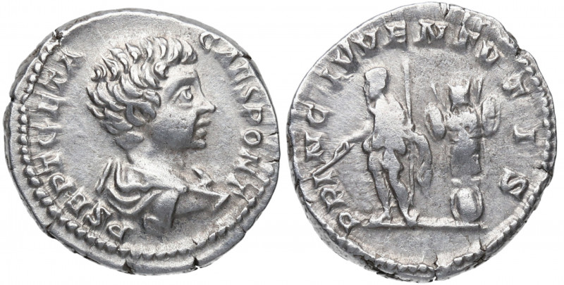 208 d.C. Geta. Roma. Denario. DS 4507 c. Ag. 3,38 g. PRINC IVVENTVTIS. Geta a iz...